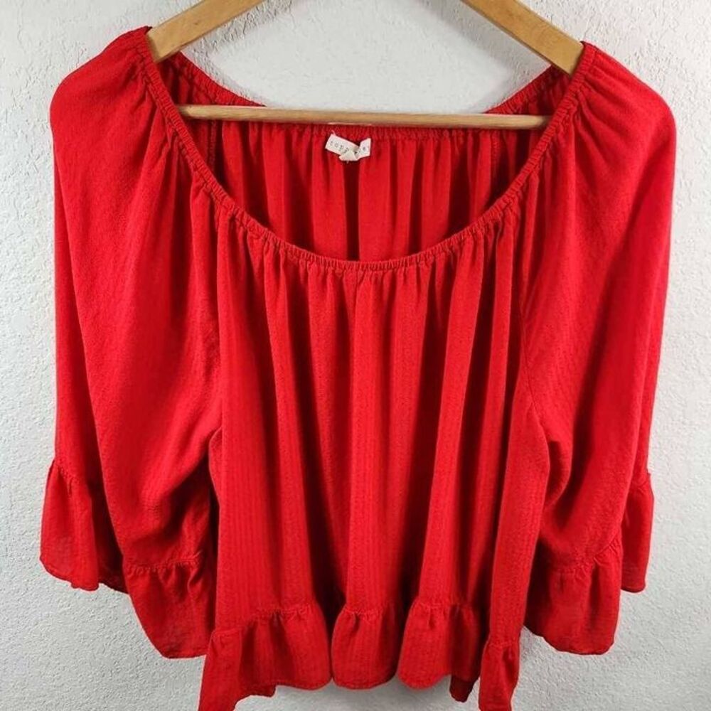 Copper Key Women's Blouse Red Long Sleeve Bishop Boat Neck Ruffles Rayon Boho XL